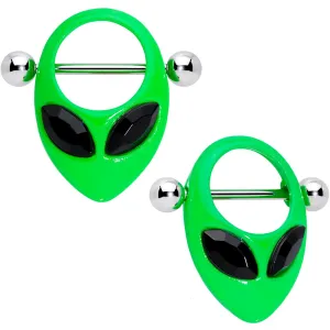 14 Gauge 5/8 Black Gem Green Glow in the Dark Alien Nipple Shield Set