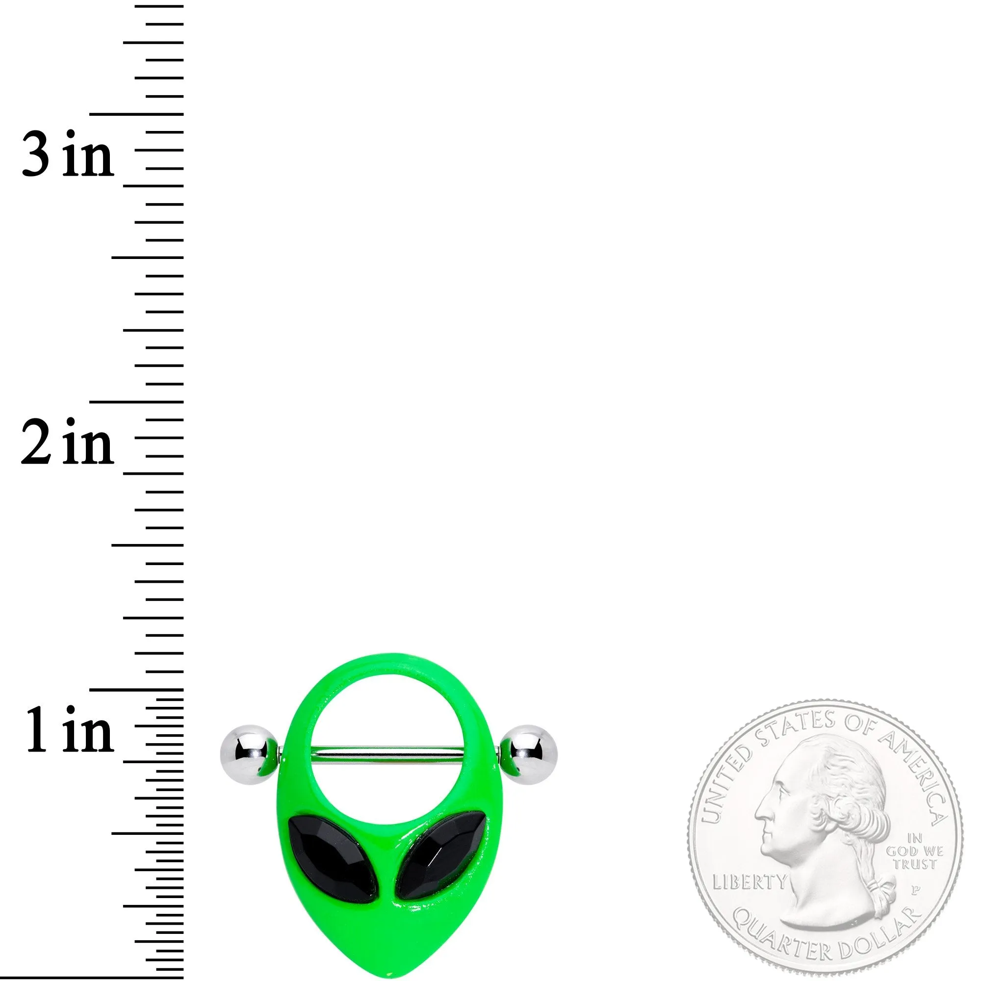 14 Gauge 5/8 Black Gem Green Glow in the Dark Alien Nipple Shield Set