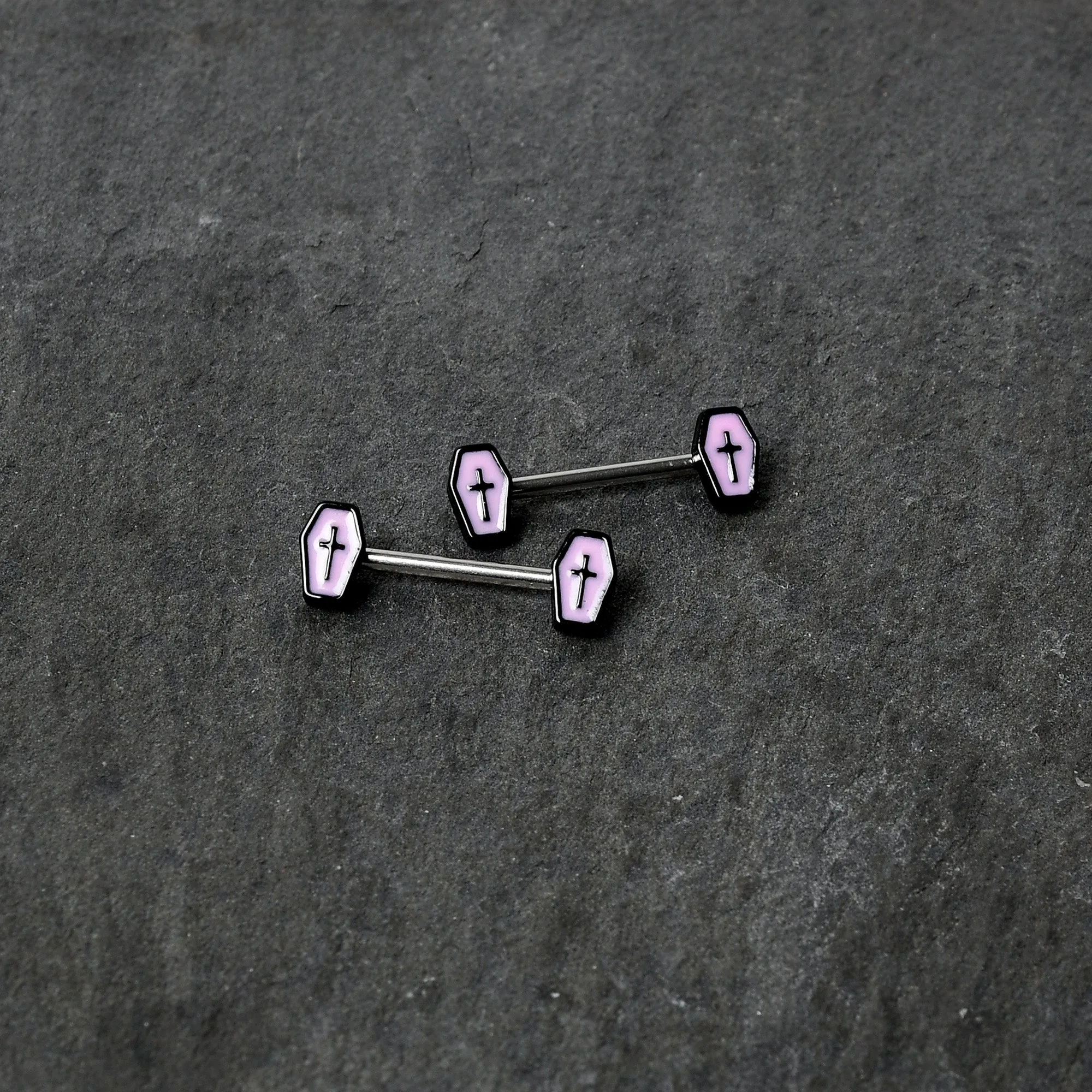 14 Gauge 9/16 Creepy Coffin Lt Purple Glow in the Dark Nipple Ring Set