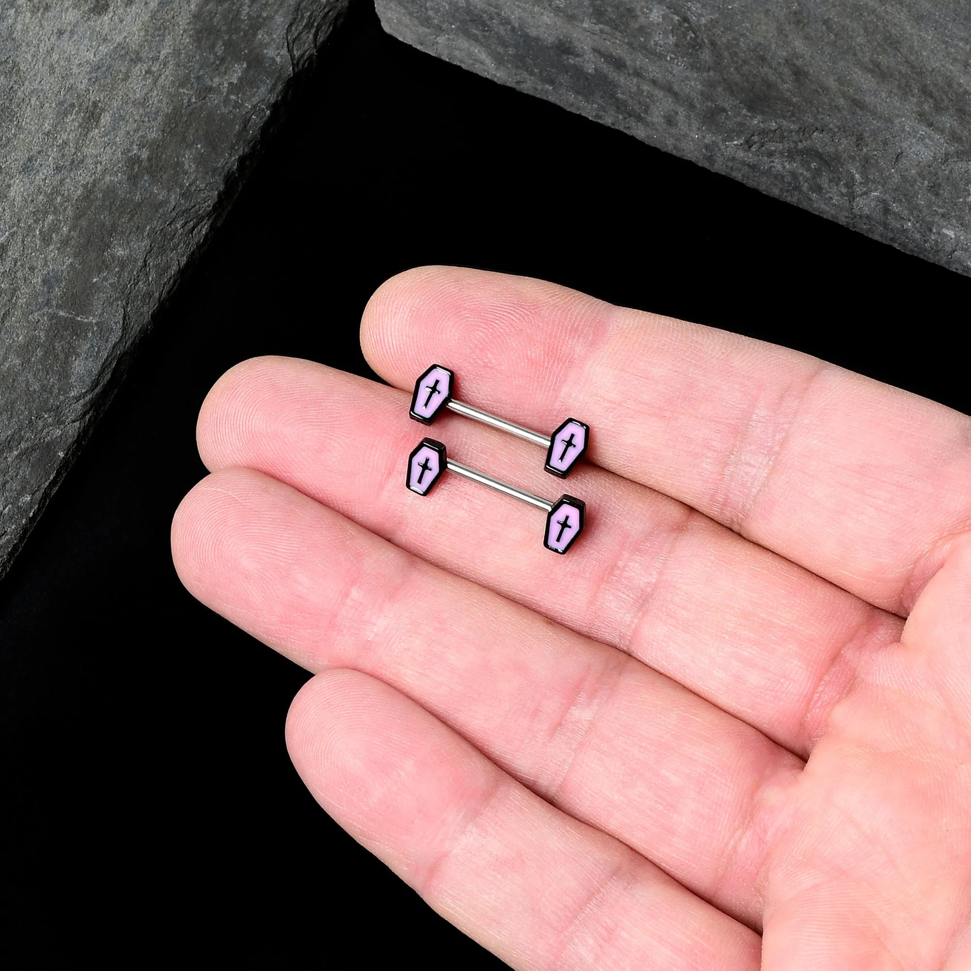 14 Gauge 9/16 Creepy Coffin Lt Purple Glow in the Dark Nipple Ring Set