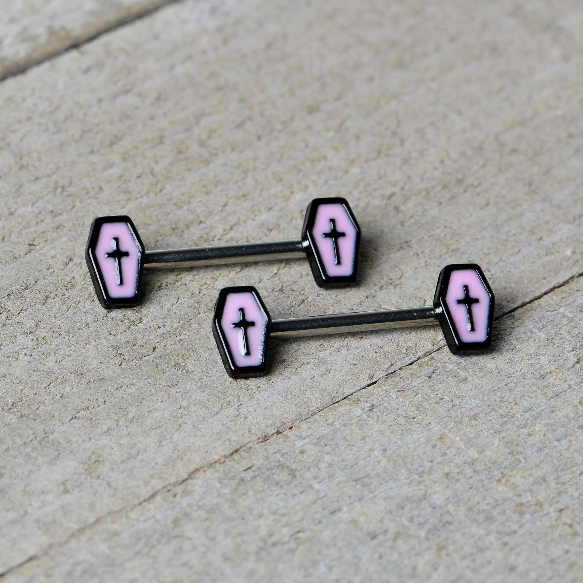 14 Gauge 9/16 Creepy Coffin Lt Purple Glow in the Dark Nipple Ring Set