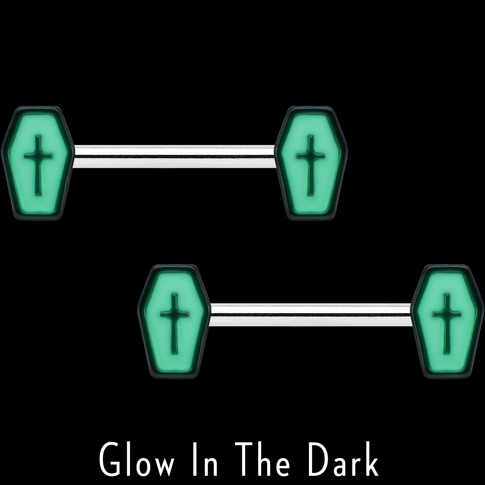 14 Gauge 9/16 Creepy Coffin Lt Purple Glow in the Dark Nipple Ring Set