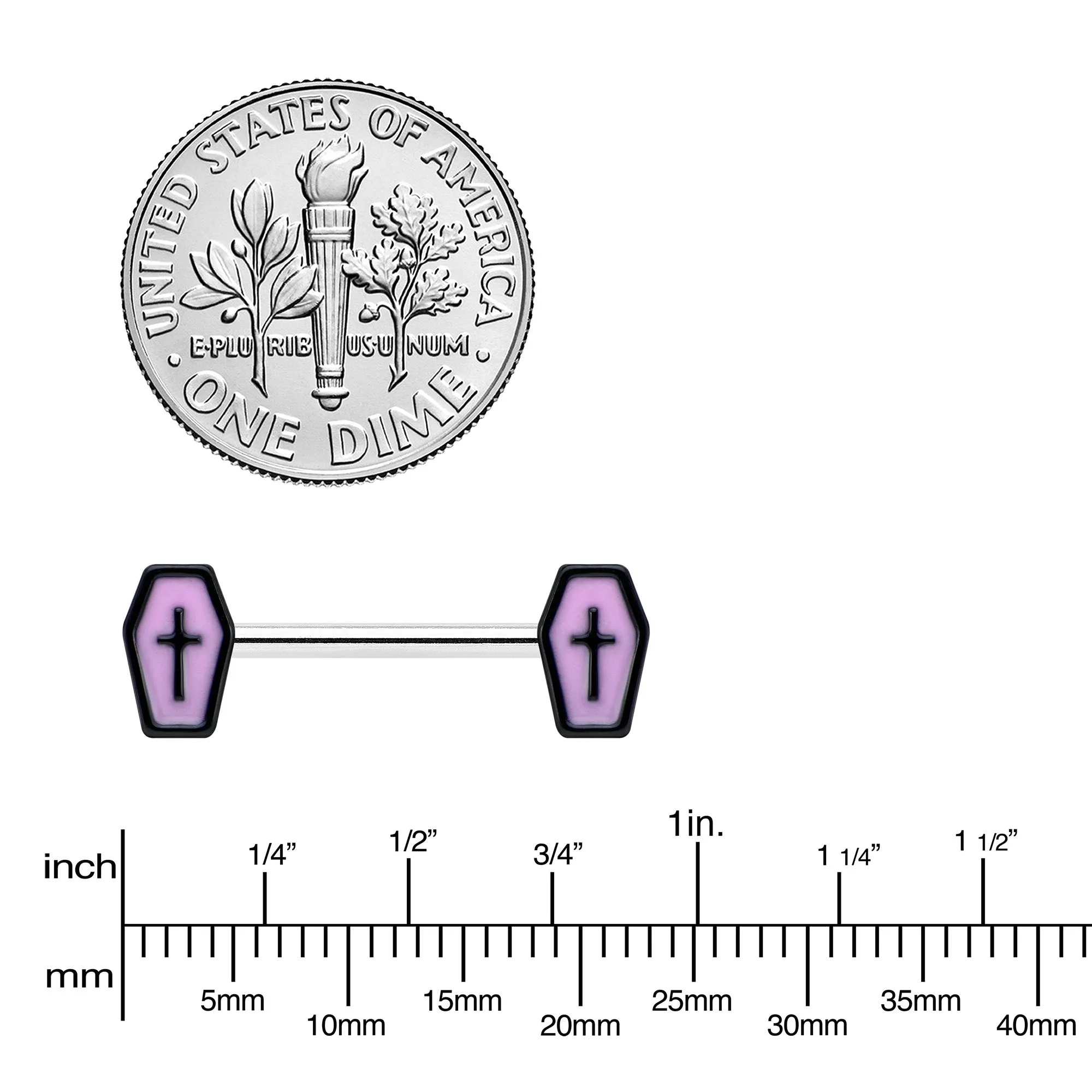 14 Gauge 9/16 Creepy Coffin Lt Purple Glow in the Dark Nipple Ring Set