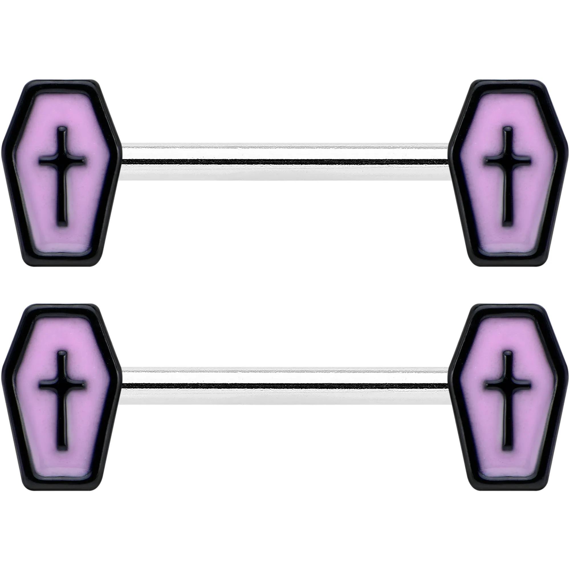 14 Gauge 9/16 Creepy Coffin Lt Purple Glow in the Dark Nipple Ring Set