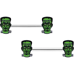 14 Gauge 9/16 Frankenstein Head Green Glow in the Dark Nipple Ring Set