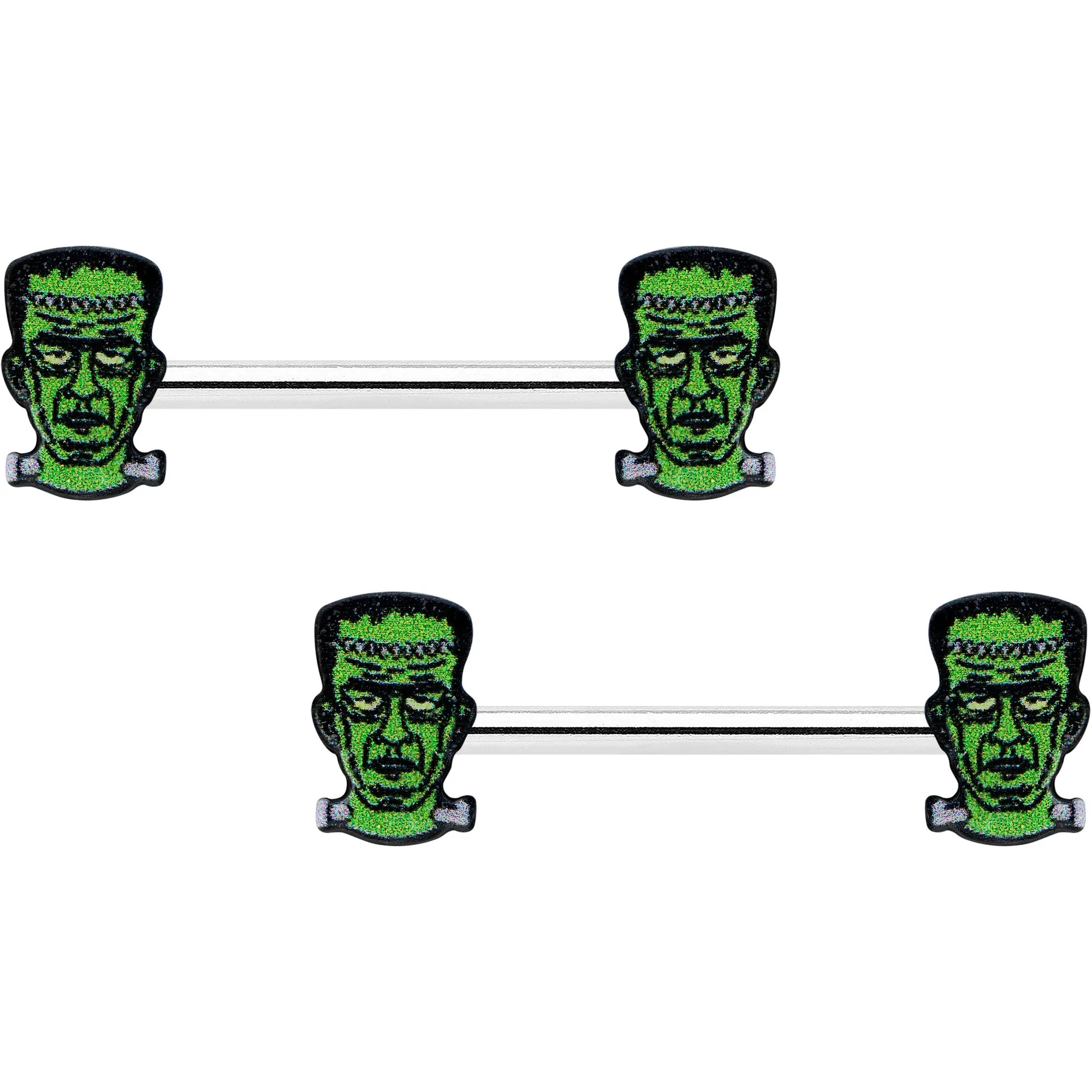 14 Gauge 9/16 Frankenstein Head Green Glow in the Dark Nipple Ring Set