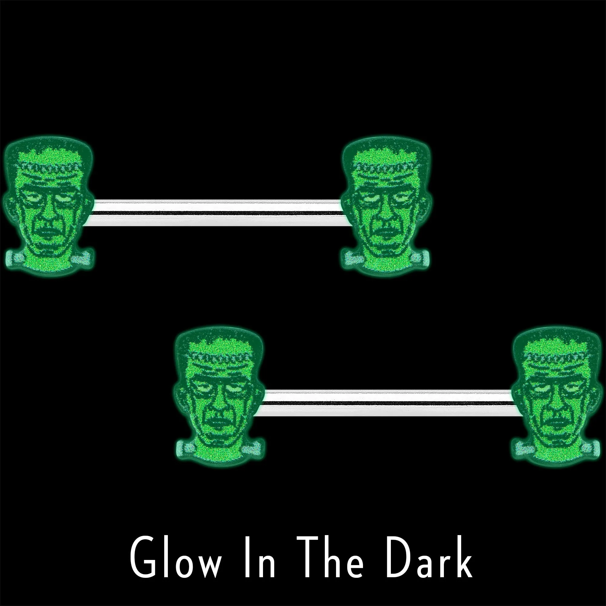 14 Gauge 9/16 Frankenstein Head Green Glow in the Dark Nipple Ring Set