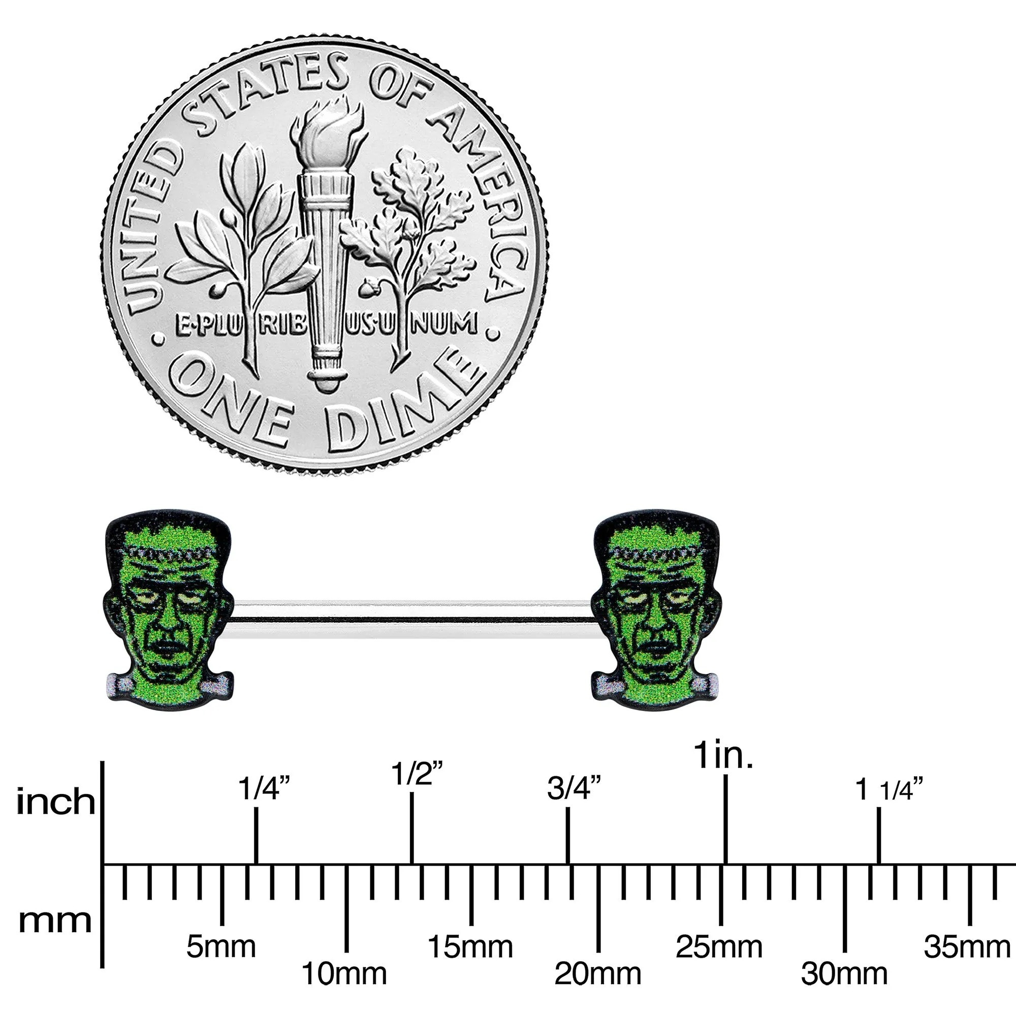 14 Gauge 9/16 Frankenstein Head Green Glow in the Dark Nipple Ring Set