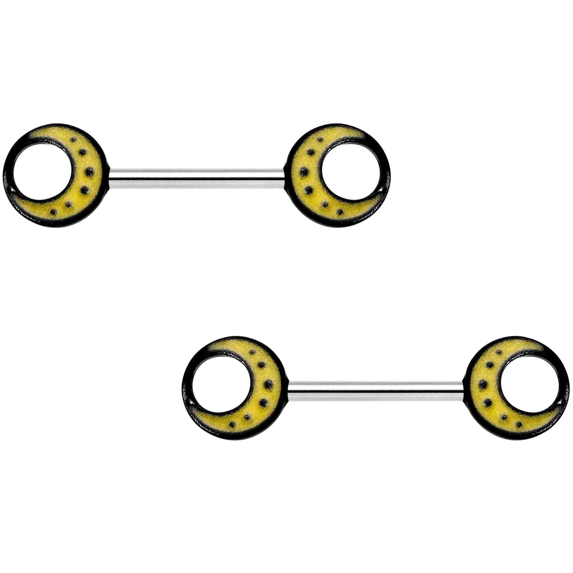 14 Gauge 9/16 Glow in the Dark Yellow Moon Barbell Nipple Ring Set