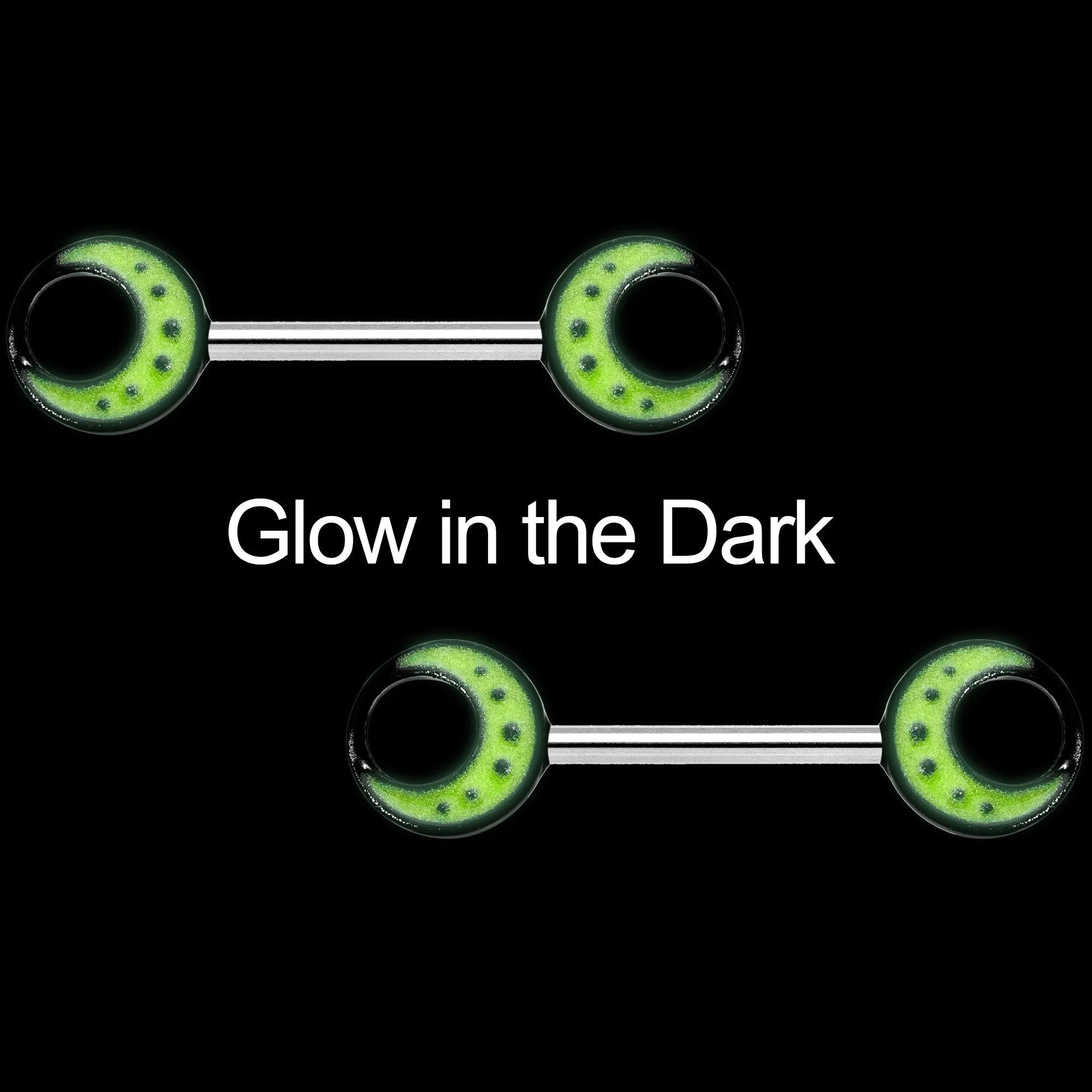 14 Gauge 9/16 Glow in the Dark Yellow Moon Barbell Nipple Ring Set
