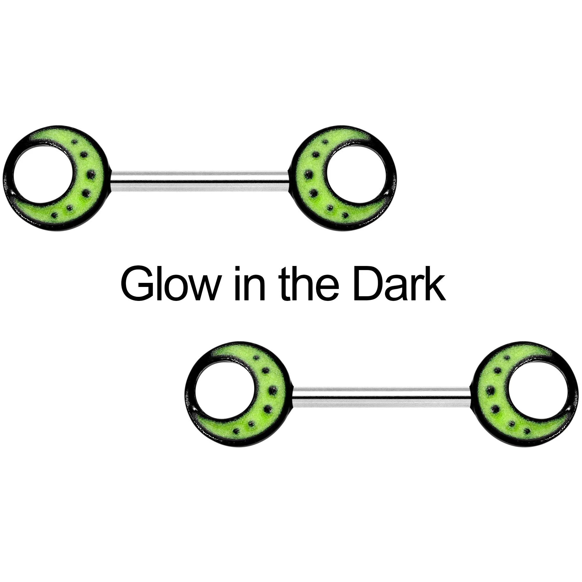 14 Gauge 9/16 Glow in the Dark Yellow Moon Barbell Nipple Ring Set