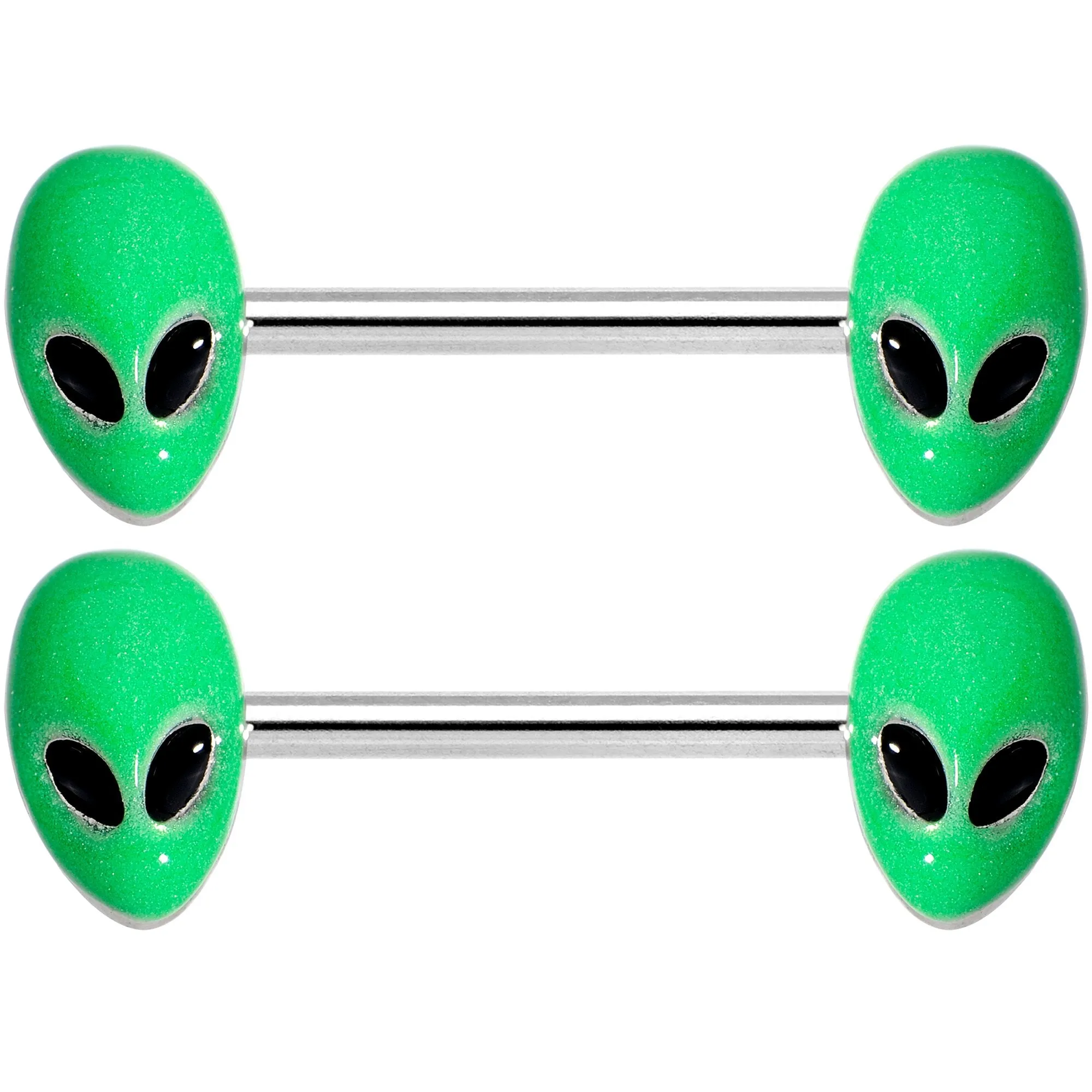 14 Gauge 9/16 Green Glow in the Dark Aliens Barbell Nipple Ring Set