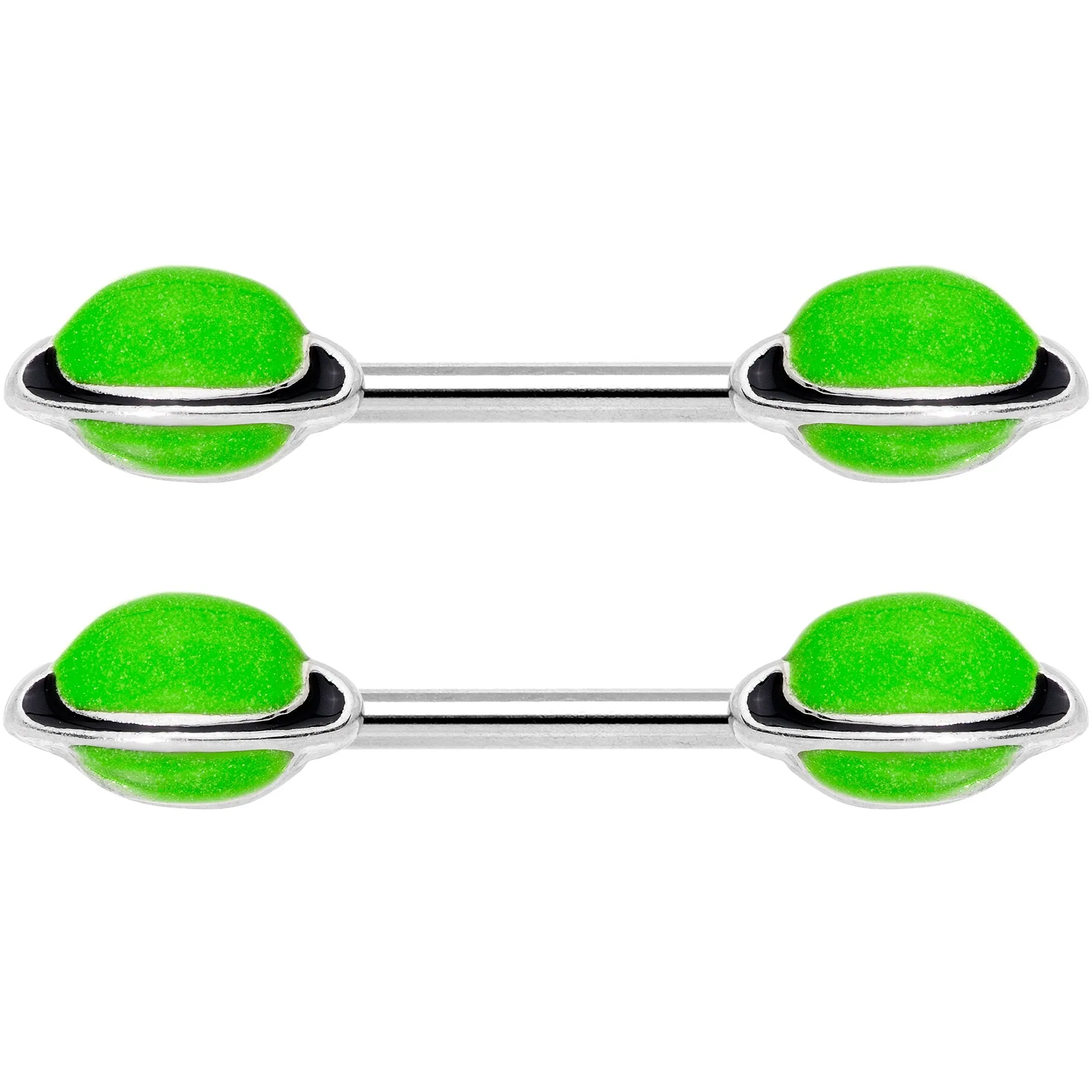14 Gauge 9/16 Green Glow in the Dark Saturn Barbell Nipple Ring Set