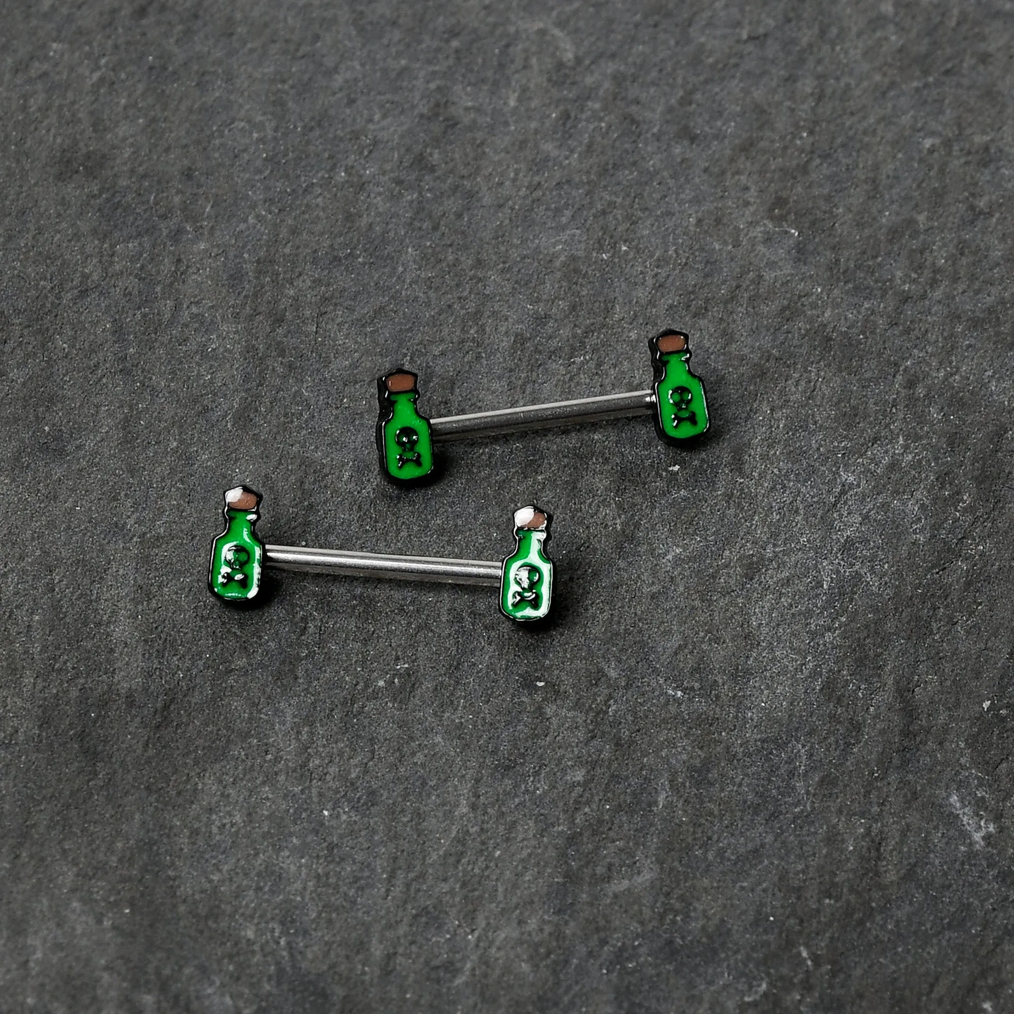 14 Gauge 9/16 Poison Green Bottle Glow in Dark Barbell Nipple Ring Set