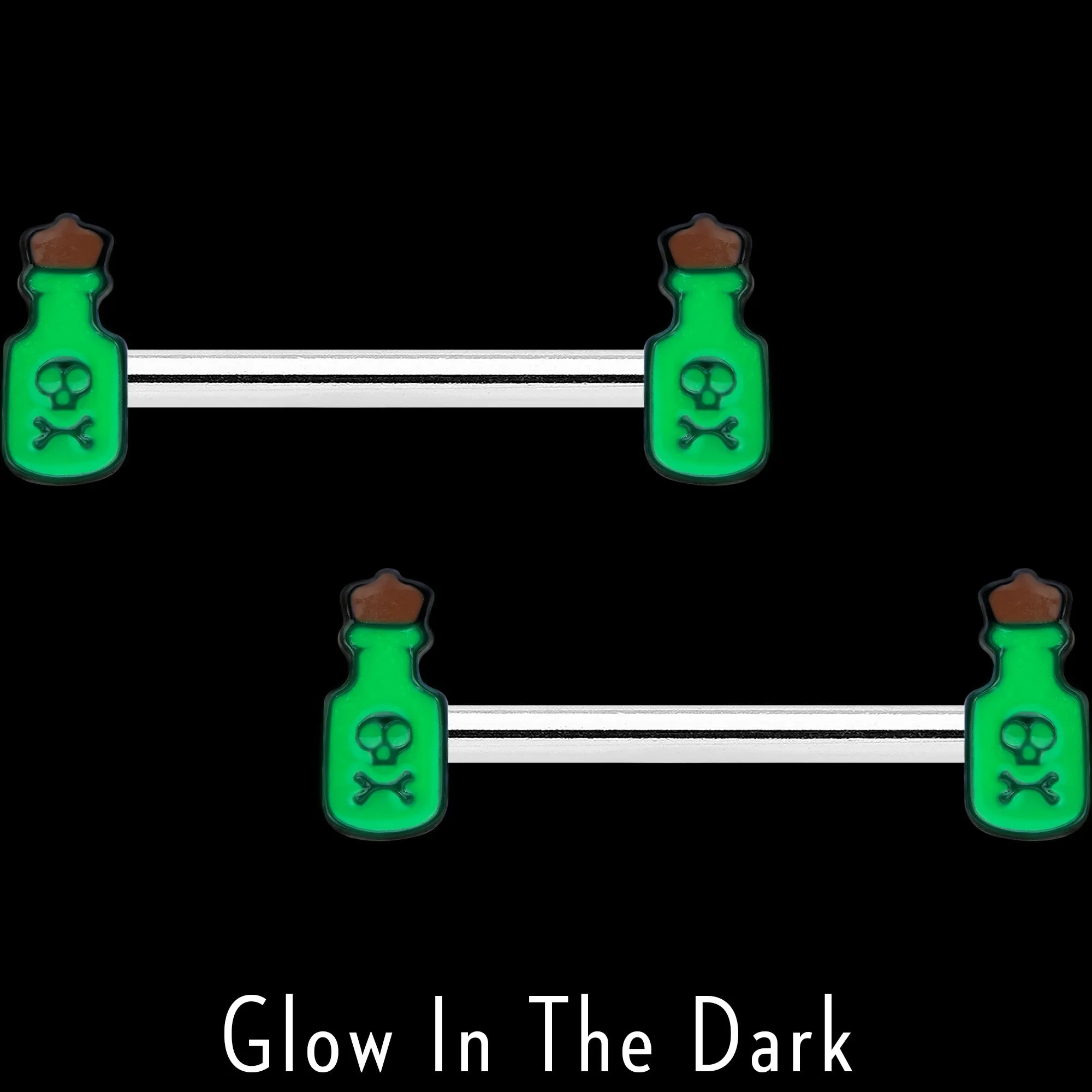 14 Gauge 9/16 Poison Green Bottle Glow in Dark Barbell Nipple Ring Set
