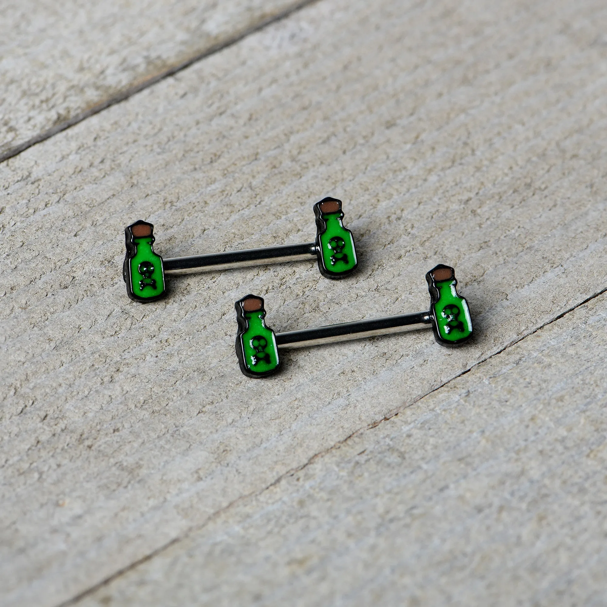 14 Gauge 9/16 Poison Green Bottle Glow in Dark Barbell Nipple Ring Set