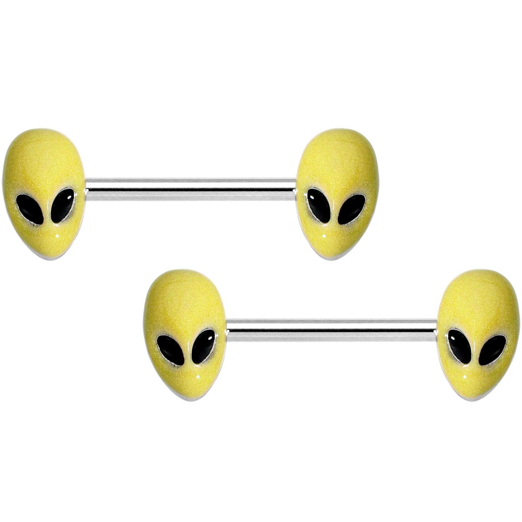 14 Gauge 9/16 Yellow Glow in the Dark Aliens Barbell Nipple Ring Set