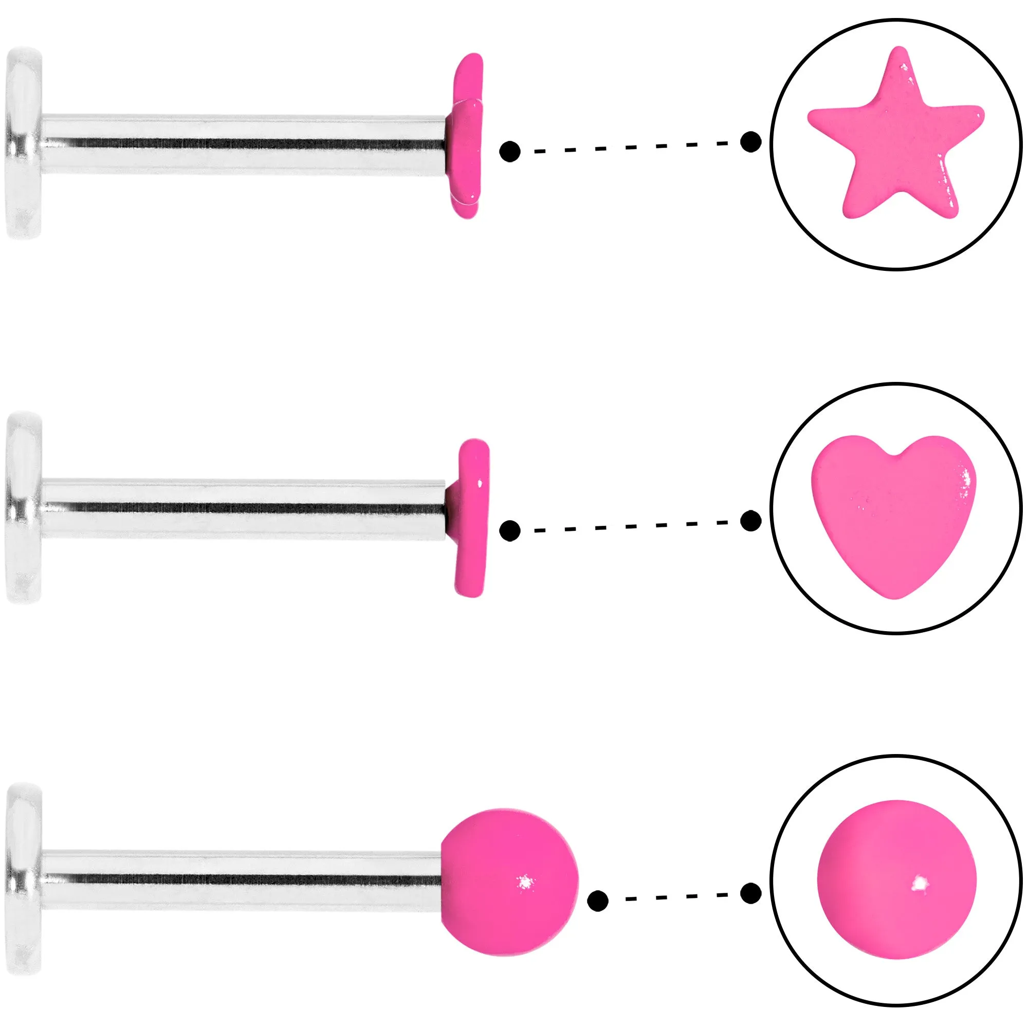 16 Gauge 5/16 Pink Glow Star Heart Labret Set of 3