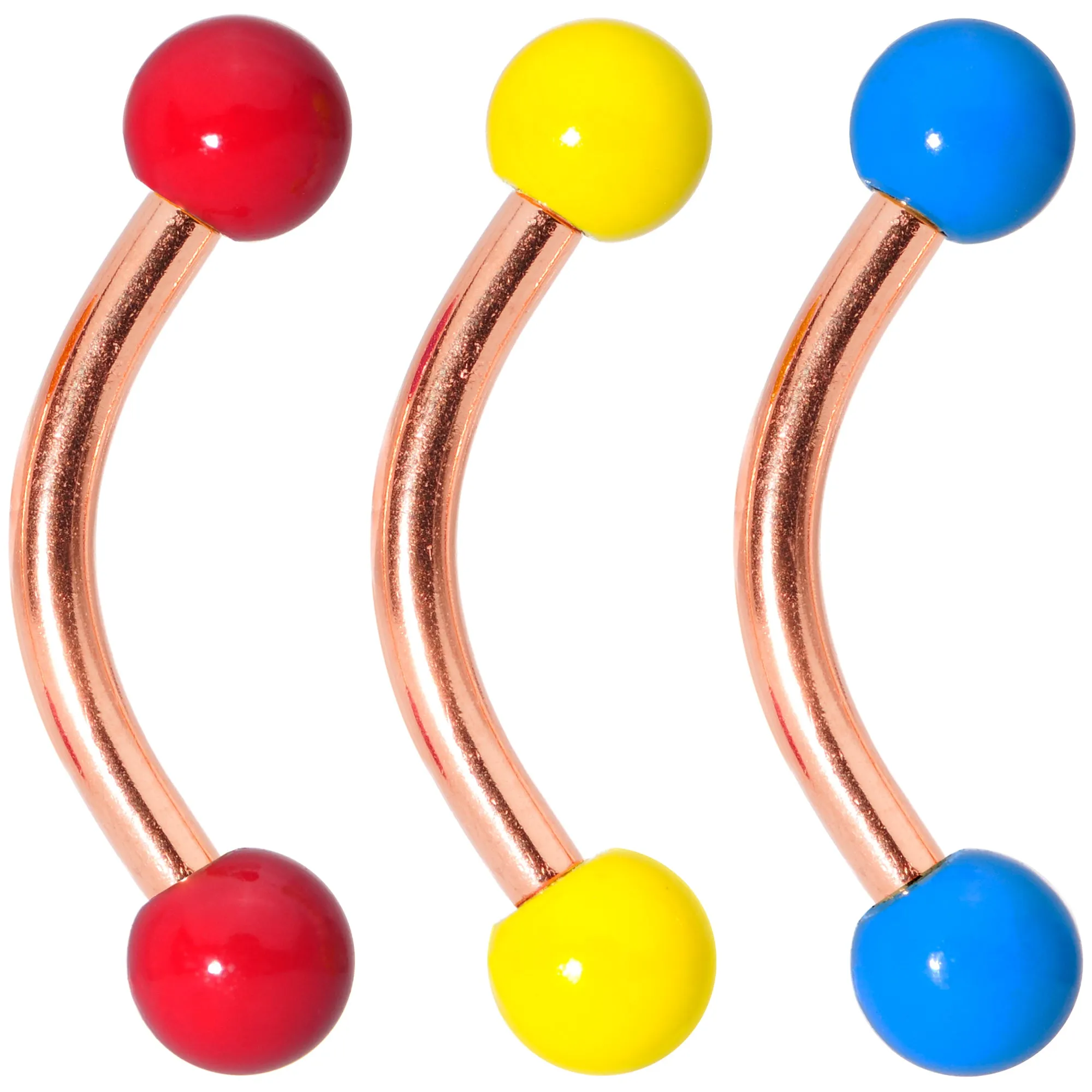 16 Gauge 5/16 Red Yellow Glow Rose Gold Tone Curved Barbell Set of 3