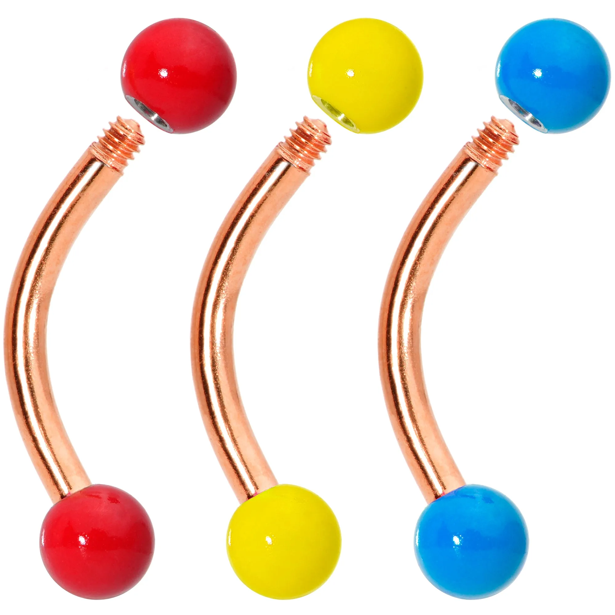 16 Gauge 5/16 Red Yellow Glow Rose Gold Tone Curved Barbell Set of 3