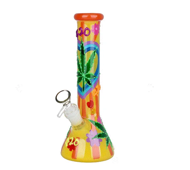420 Hemp Leaf Glow N The Dark Beaker 9.25" Glass Water Pipe