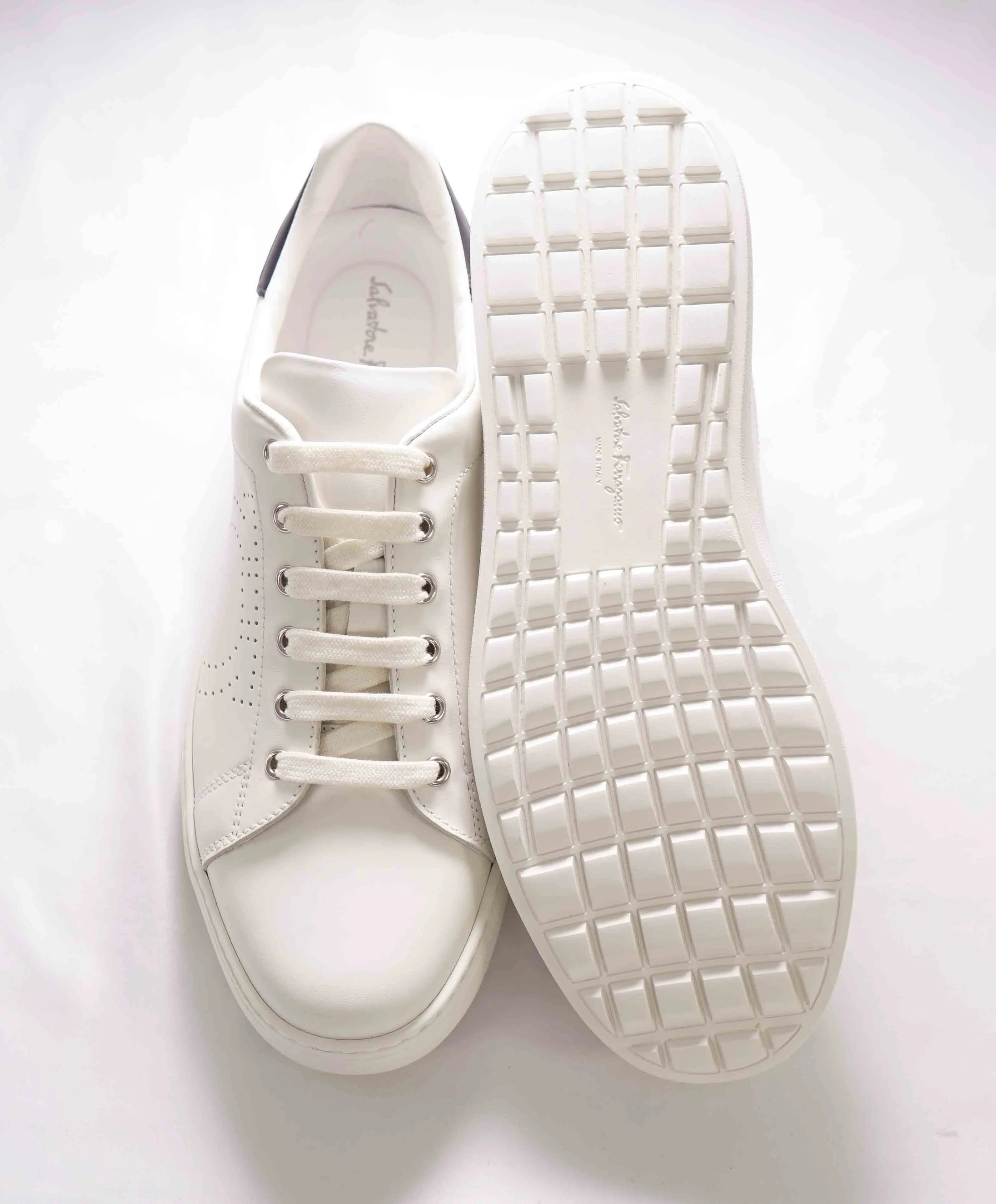 $695 SALVATORE FERRAGAMO - *PIERRE* White/Black Gancini Sneaker - 10 M US