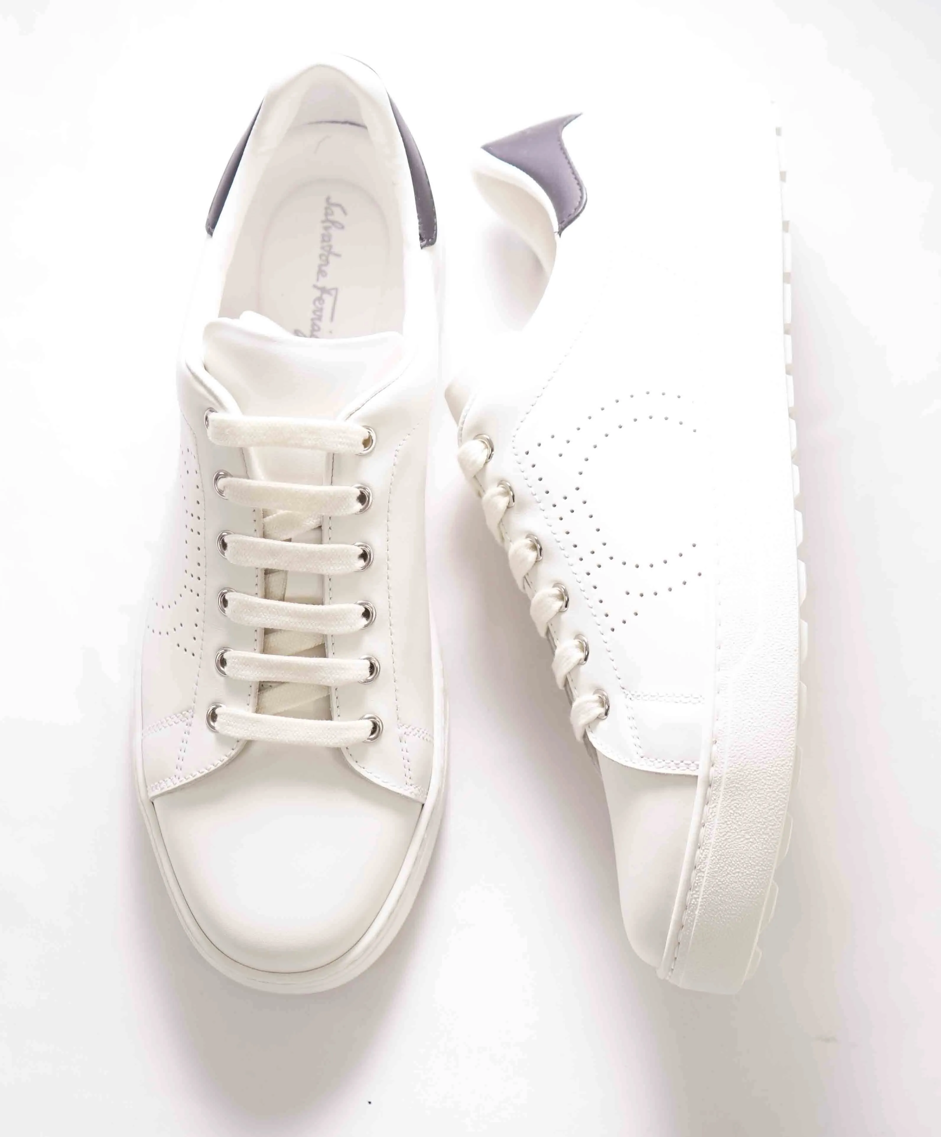 $695 SALVATORE FERRAGAMO - *PIERRE* White/Black Gancini Sneaker - 10 M US
