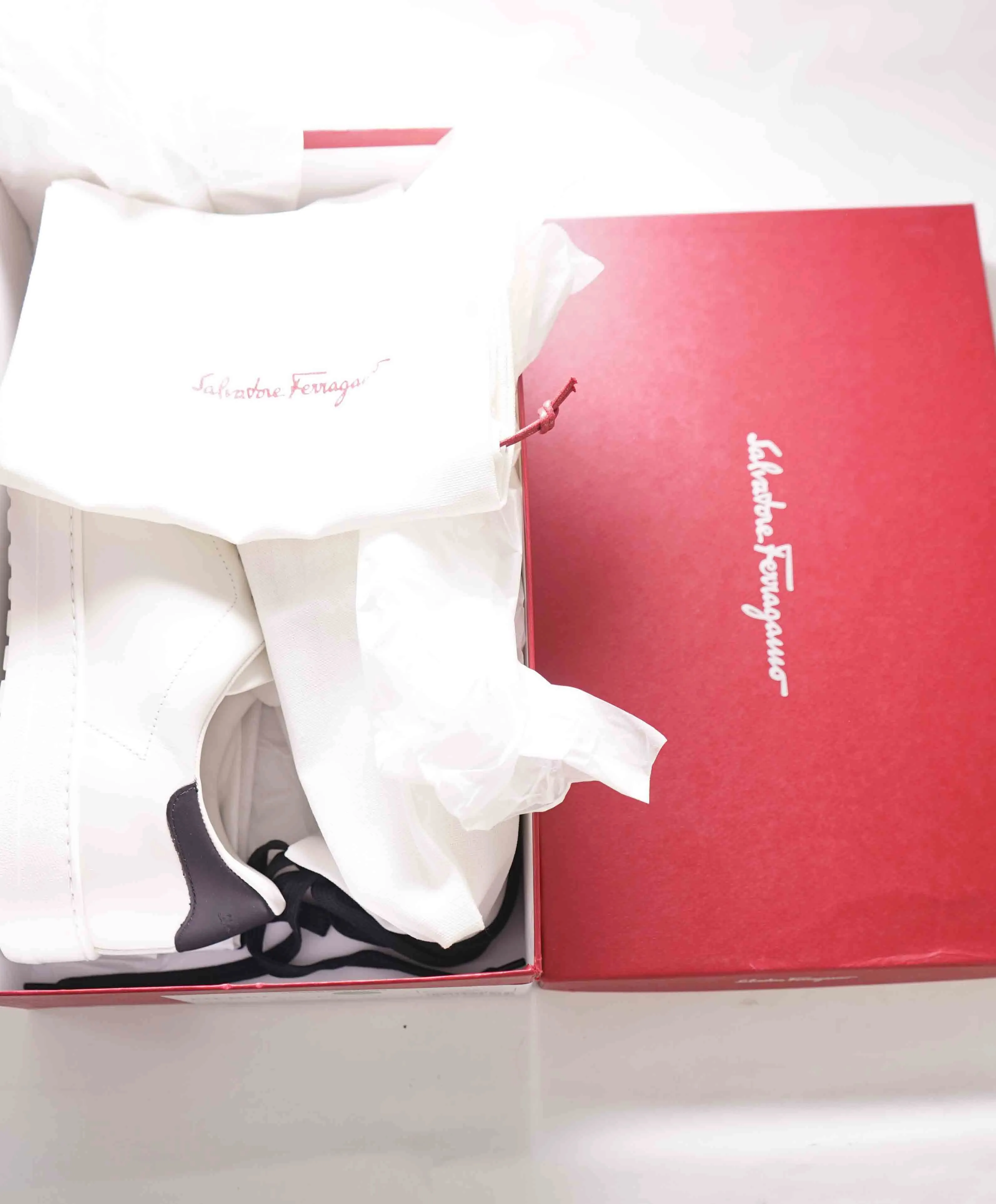 $695 SALVATORE FERRAGAMO - *PIERRE* White/Black Gancini Sneaker - 10 M US