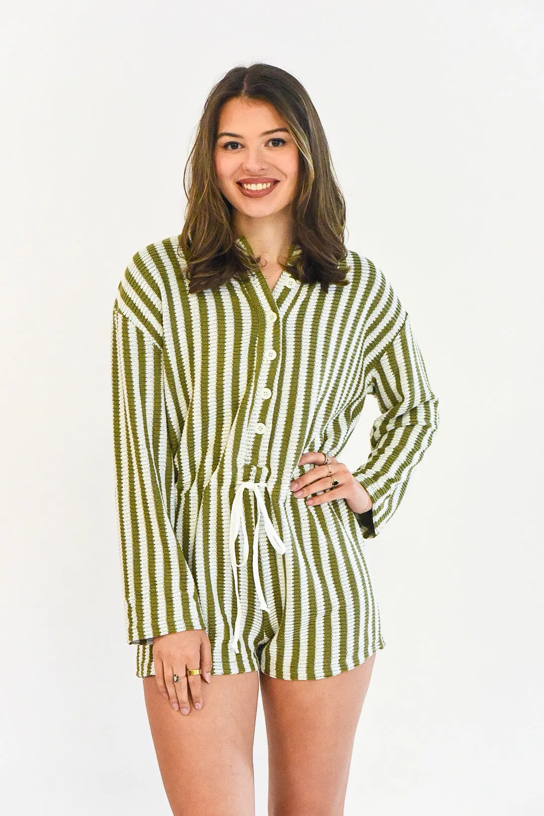 All In Olive Green And White Striped Romper