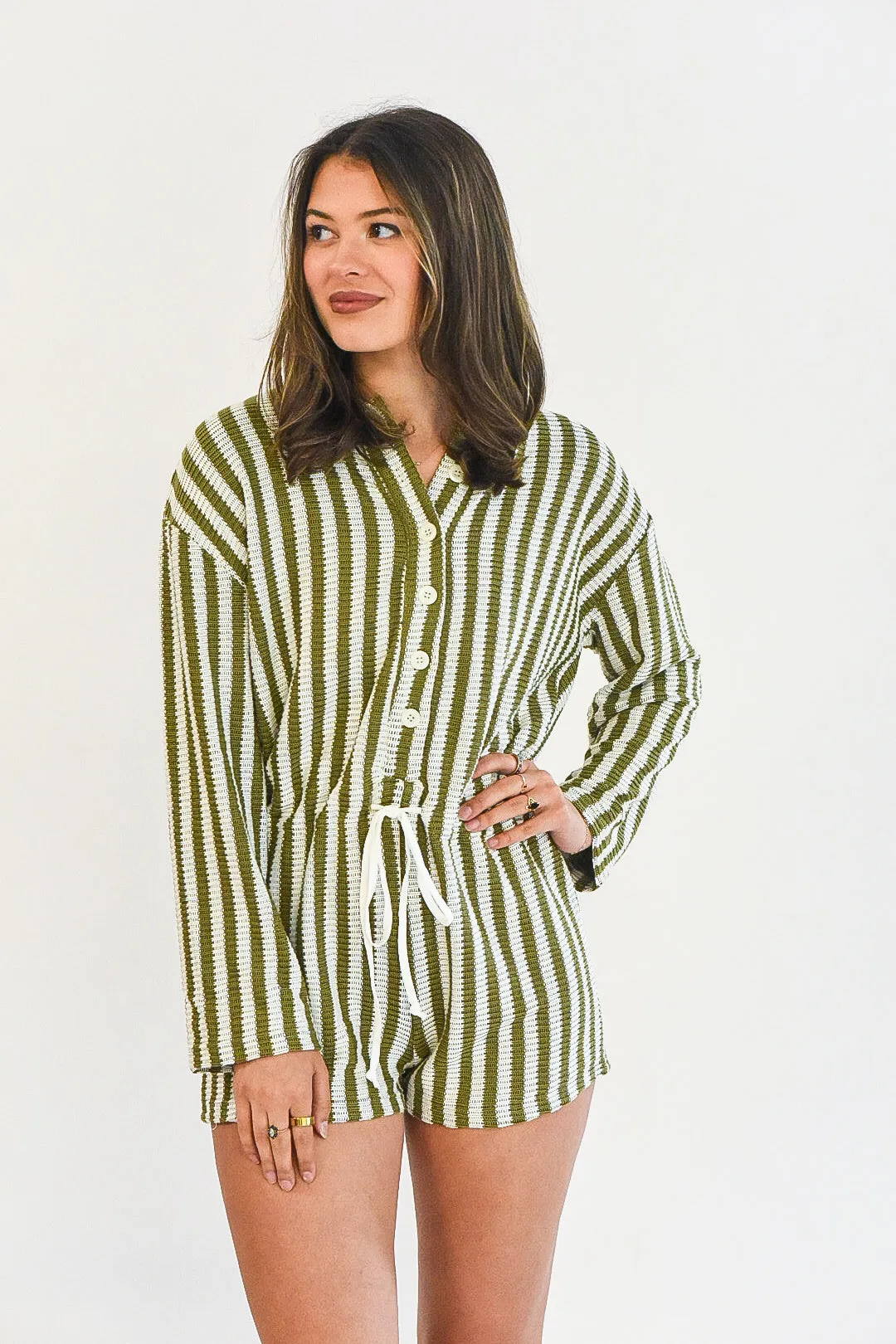 All In Olive Green And White Striped Romper