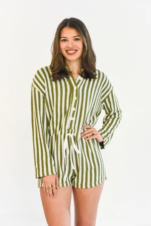 All In Olive Green And White Striped Romper