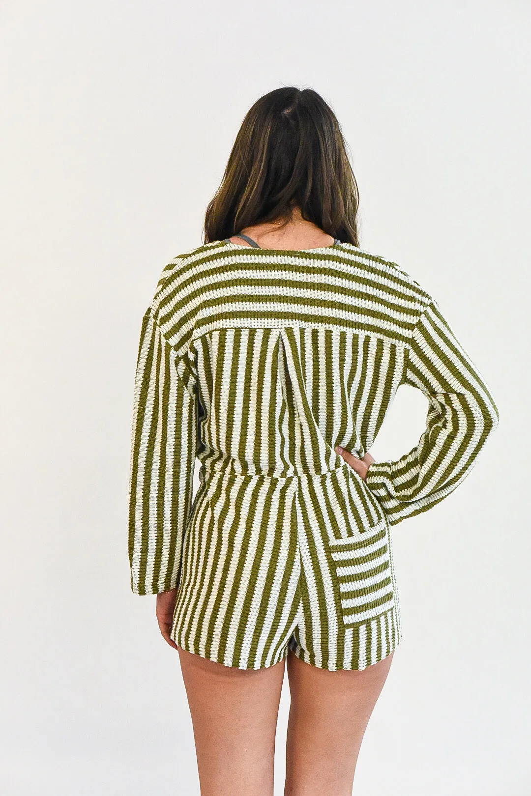 All In Olive Green And White Striped Romper