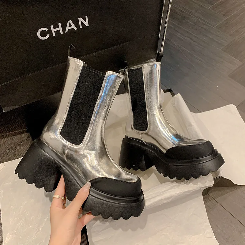 Autumn and Winter Cowhide Silver Platform Martin Boots - Women's High Heel Footwear