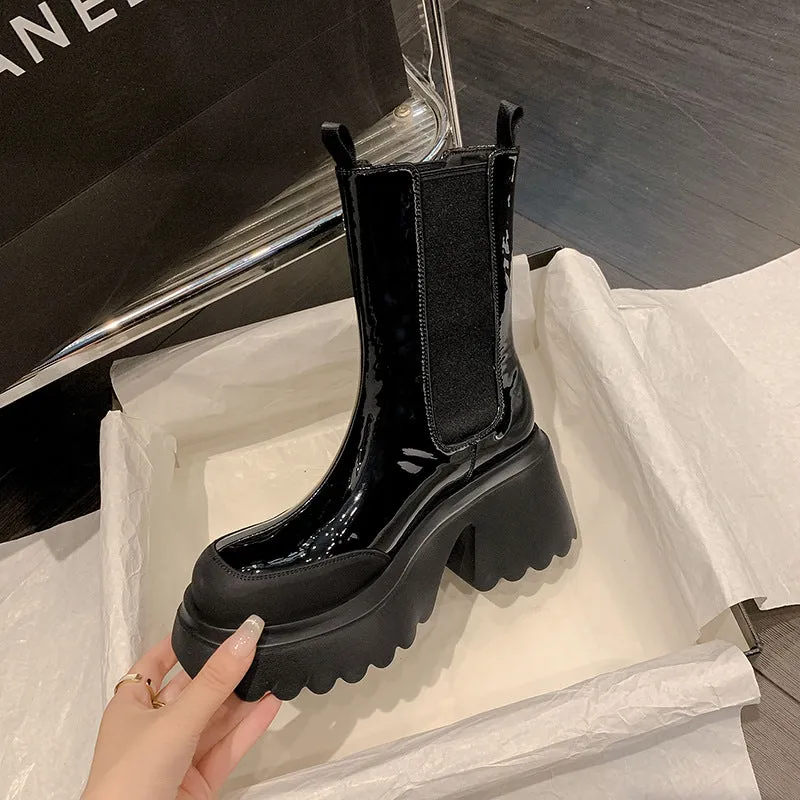 Autumn and Winter Cowhide Silver Platform Martin Boots - Women's High Heel Footwear