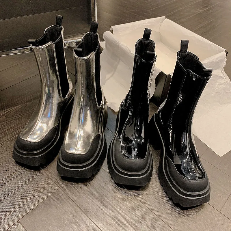 Autumn and Winter Cowhide Silver Platform Martin Boots - Women's High Heel Footwear