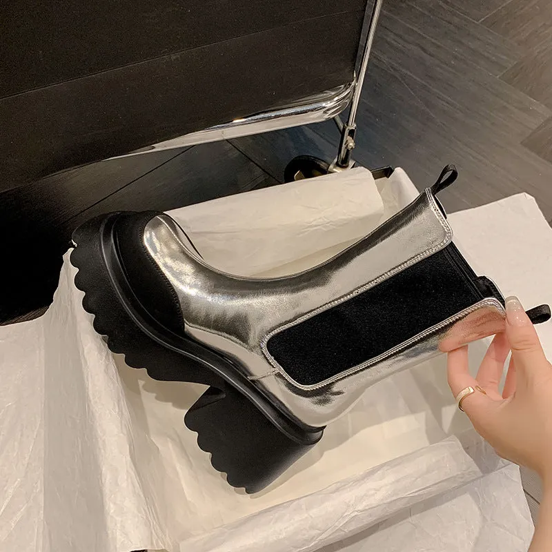 Autumn and Winter Cowhide Silver Platform Martin Boots - Women's High Heel Footwear