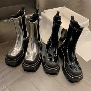 Autumn and Winter Cowhide Silver Platform Martin Boots - Women's High Heel Footwear