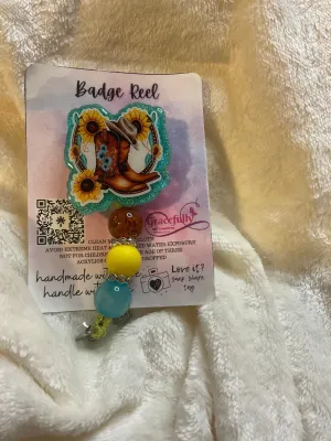 Badge Reel – Boots and Sunflowers