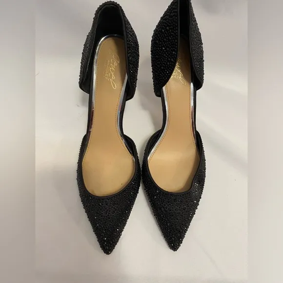 Badgley Mischka Jewel Grace Evening Holiday Black Satin Stiletto Pumps Size 9.5