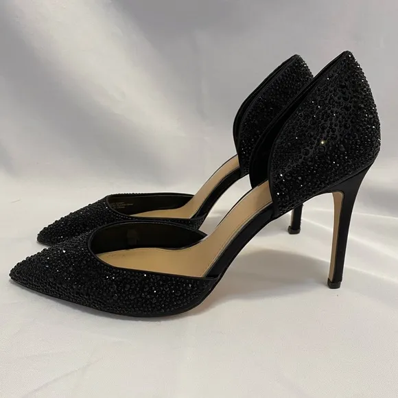 Badgley Mischka Jewel Grace Evening Holiday Black Satin Stiletto Pumps Size 9.5