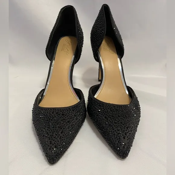 Badgley Mischka Jewel Grace Evening Holiday Black Satin Stiletto Pumps Size 9.5