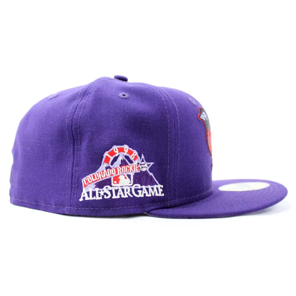 Baltimore Orioles 1998 All-Star Game New Era 59Fifty Fitted Hat (Glow in the Dark Purple Lavender Under Brim)