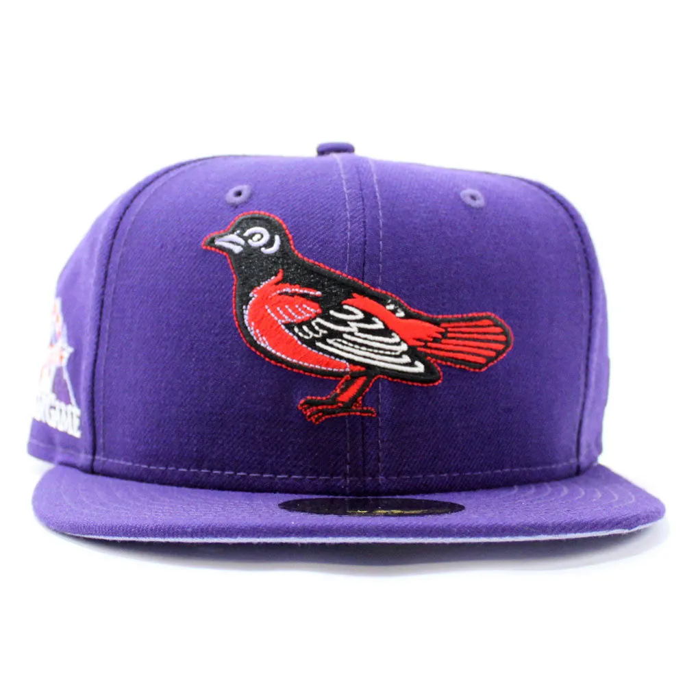 Baltimore Orioles 1998 All-Star Game New Era 59Fifty Fitted Hat (Glow in the Dark Purple Lavender Under Brim)