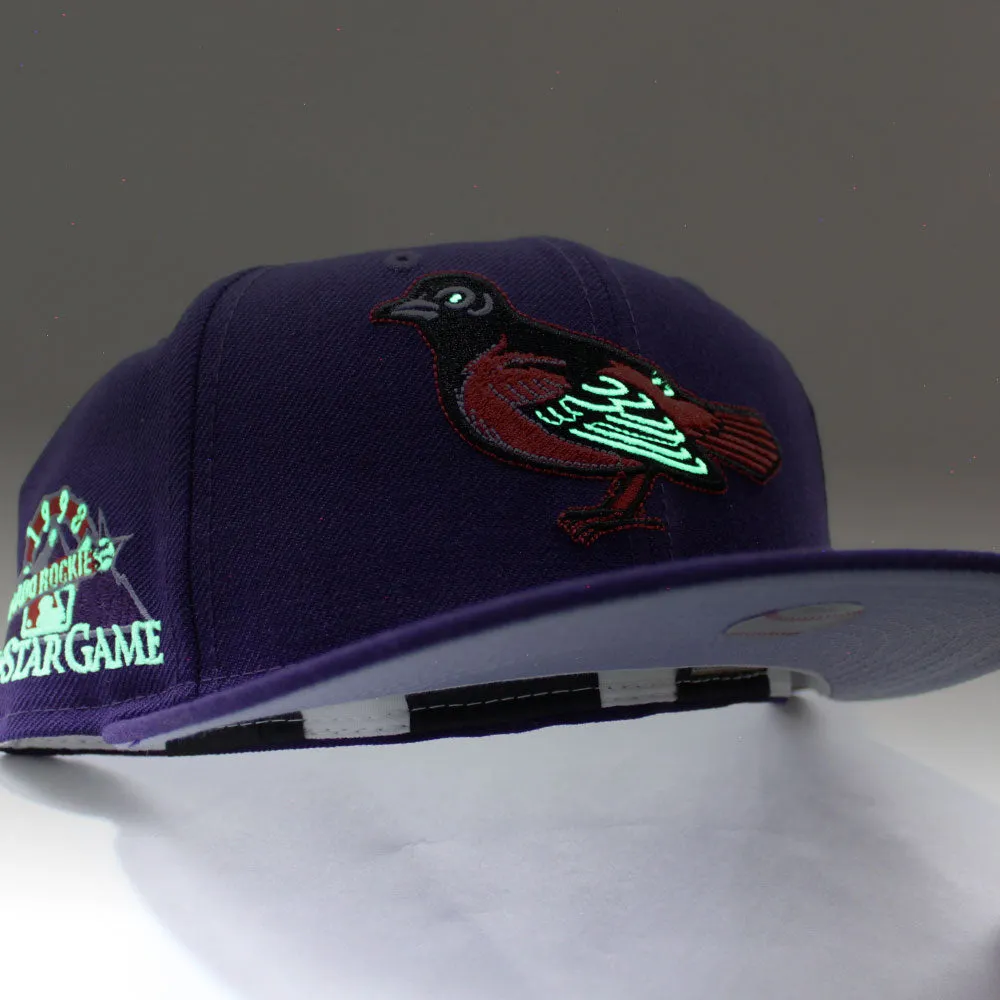 Baltimore Orioles 1998 All-Star Game New Era 59Fifty Fitted Hat (Glow in the Dark Purple Lavender Under Brim)