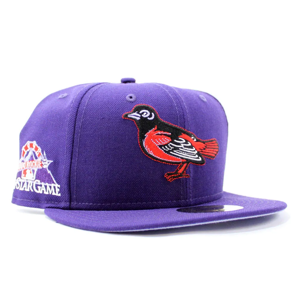 Baltimore Orioles 1998 All-Star Game New Era 59Fifty Fitted Hat (Glow in the Dark Purple Lavender Under Brim)