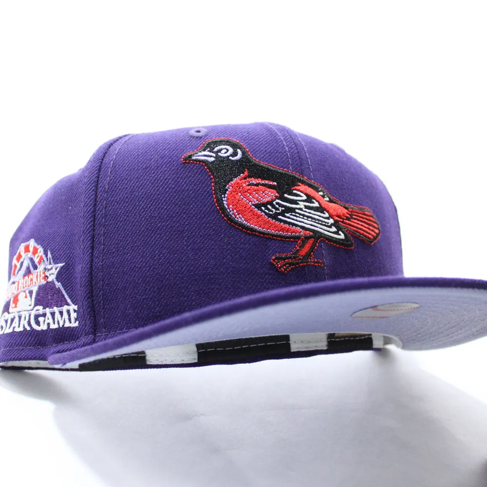 Baltimore Orioles 1998 All-Star Game New Era 59Fifty Fitted Hat (Glow in the Dark Purple Lavender Under Brim)