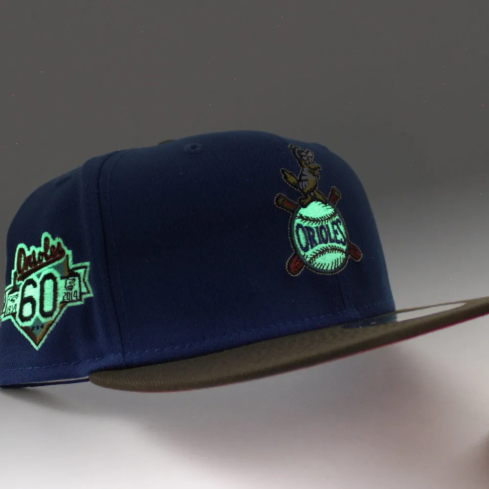 Baltimore Orioles 60th Anniversary 59Fifty New Era Fitted Hat (Glow in the Dark SONGBIRD BLUE WALNUT PINOT RED Under Brim)