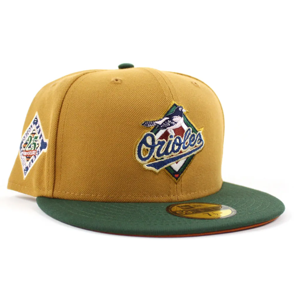 Baltimore Orioles ORIOLE PARK CAMDEN YARDS 25TH ANNIVERSARY 59Fifty New Era Fitted Hat (GITD PANAMA TAN MOUNTAIN PINE GREEN RUST ORANGE Under Brim)
