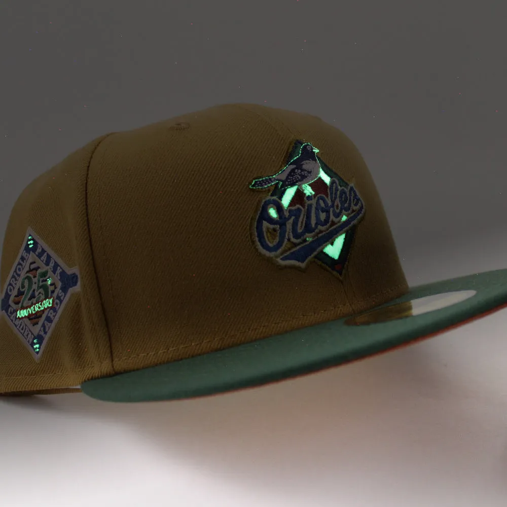 Baltimore Orioles ORIOLE PARK CAMDEN YARDS 25TH ANNIVERSARY 59Fifty New Era Fitted Hat (GITD PANAMA TAN MOUNTAIN PINE GREEN RUST ORANGE Under Brim)
