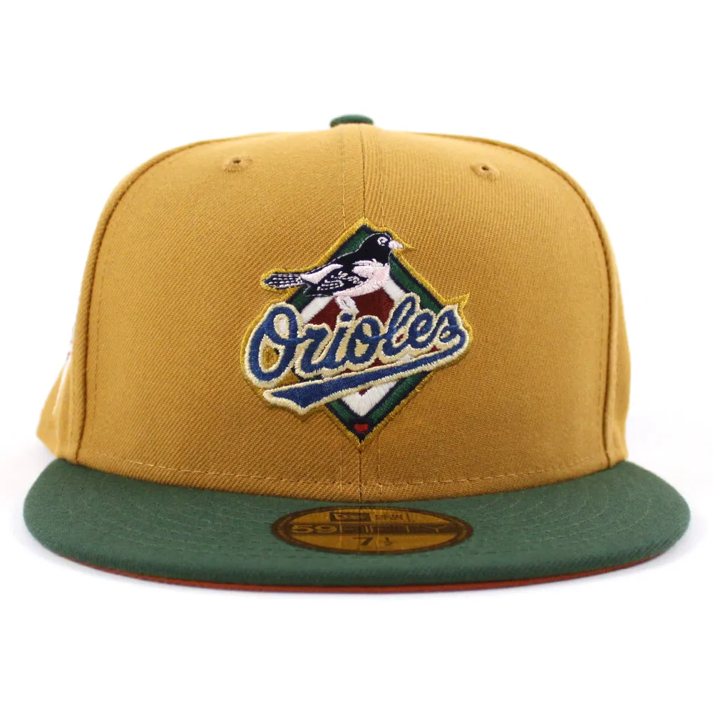 Baltimore Orioles ORIOLE PARK CAMDEN YARDS 25TH ANNIVERSARY 59Fifty New Era Fitted Hat (GITD PANAMA TAN MOUNTAIN PINE GREEN RUST ORANGE Under Brim)